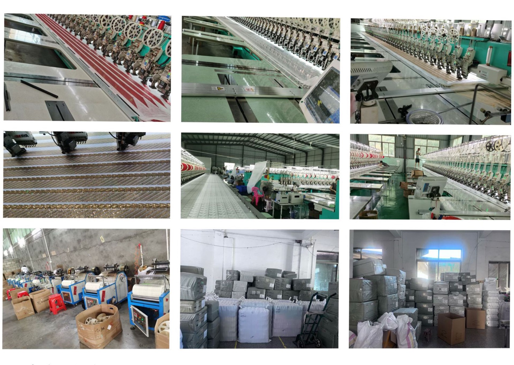 Our partner factory's embroidery production lines, workshop equipment and packed warehouse inventory